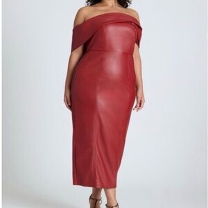 Off-Shoulder Red faux leather Midi Dress from Eloquii.
